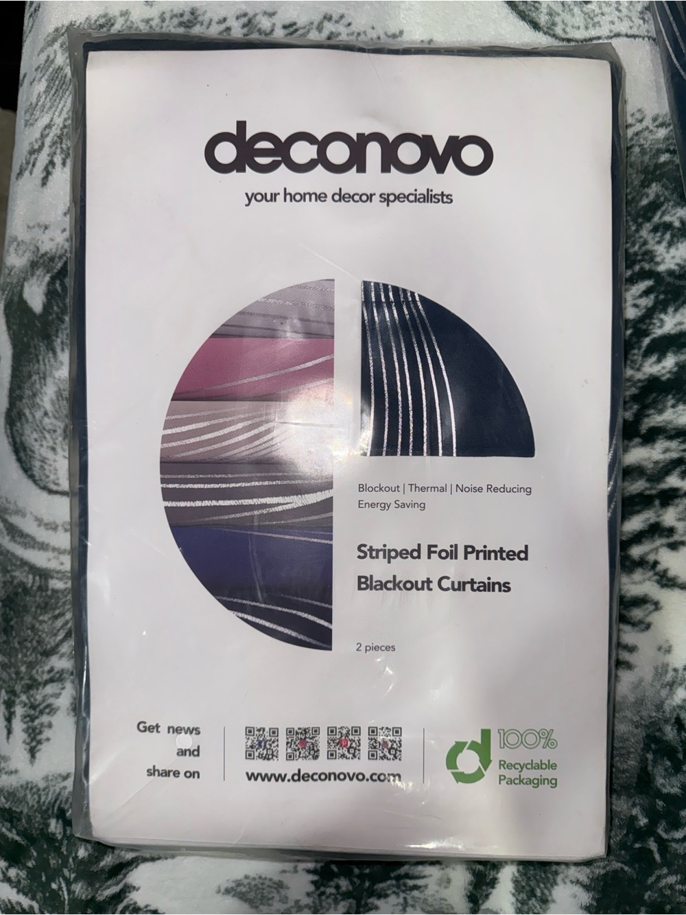 Deconovo Striped Foil Printed Blackout Curtains - Navy